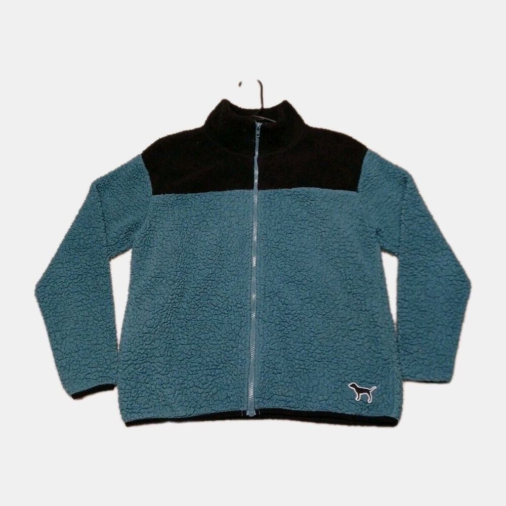 Victoria's Secret VS PINK Sherpa Jacket XS Full Zip Teal Green Black Colorblock
